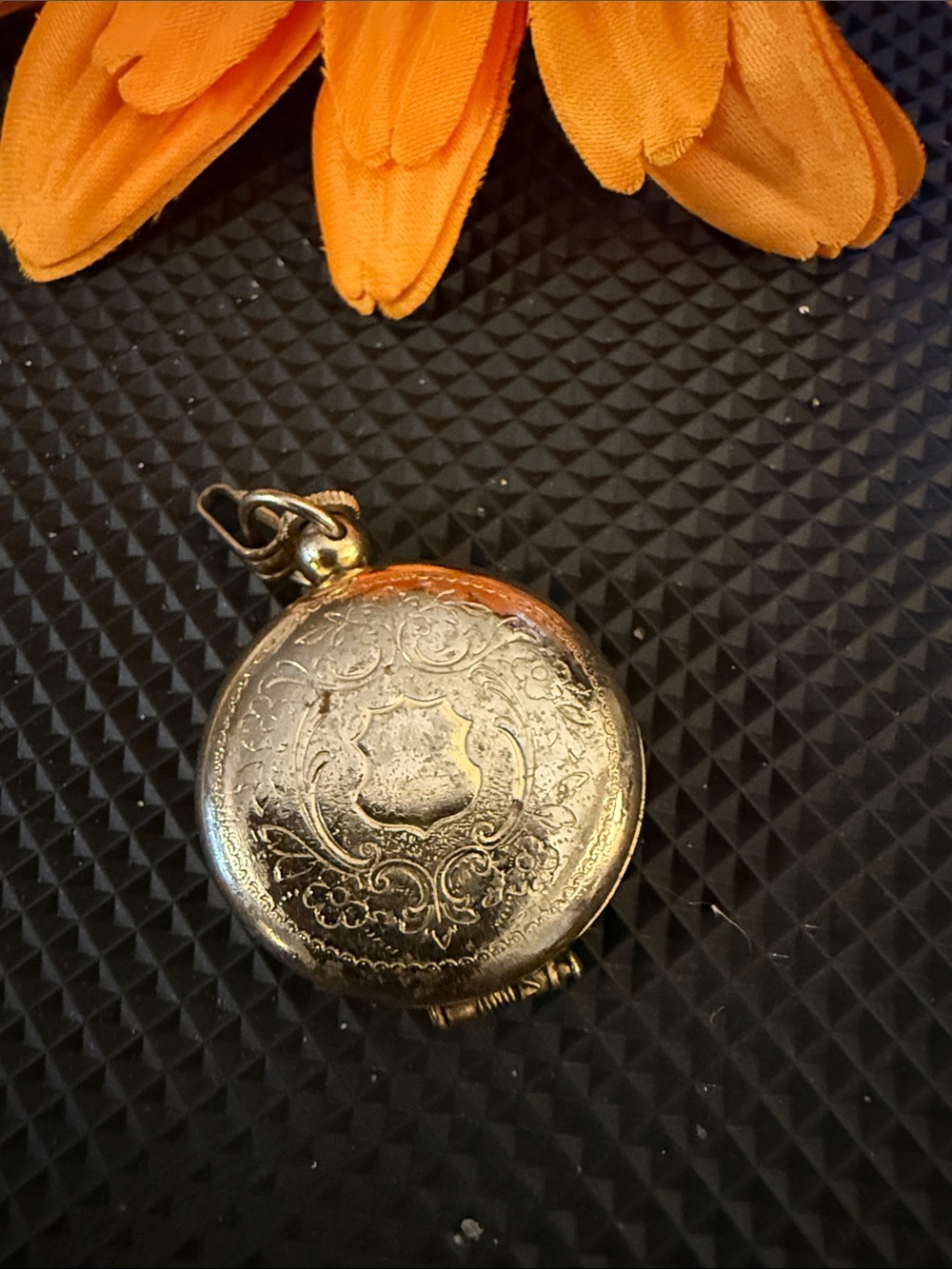 Vintage Engraved Round Watch Locket Pendant in Gold Tone